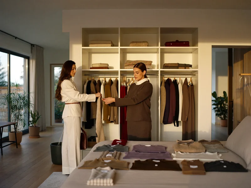 Armadio aperto con maglieria e blazer mentre stilista e cliente selezionano i capi