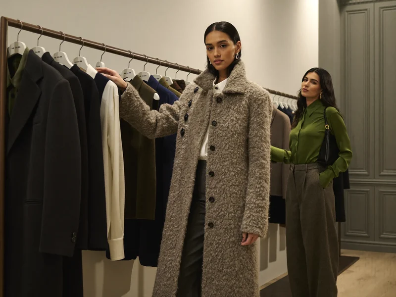 Stilista e cliente scelgono cappotti e camicie da un espositore di boutique