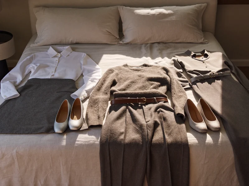 Tre outfit coordinati disposti sul letto con scarpe e cintura accanto
